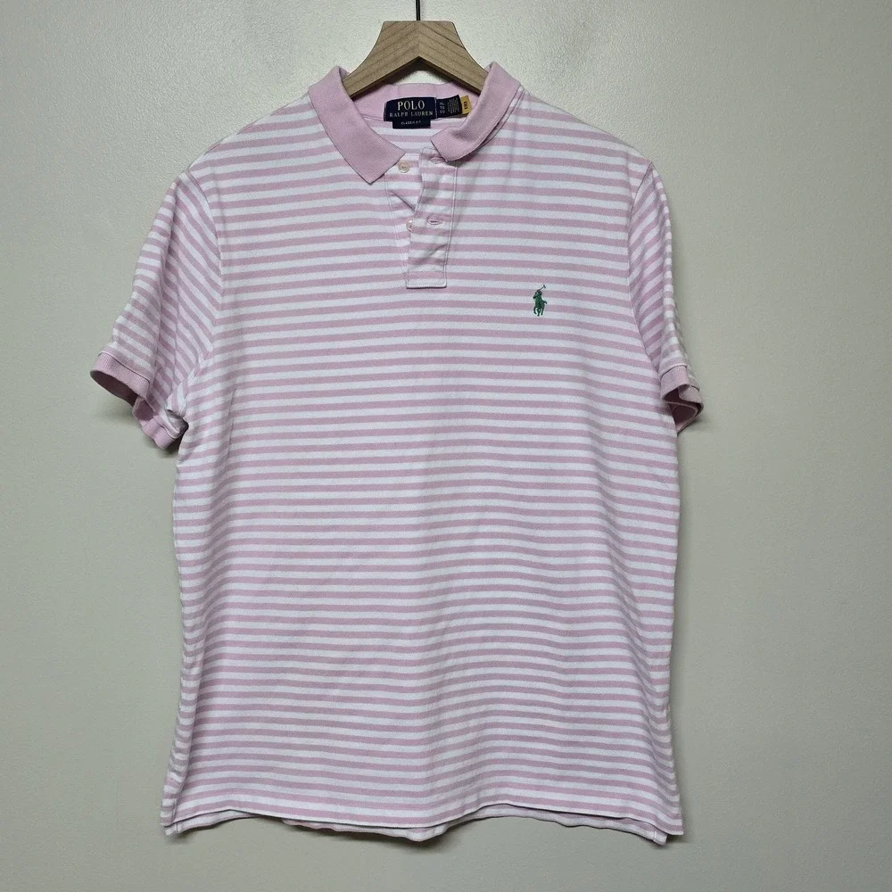 Polo Ralph Lauren‎ Classic Fit Pink White Stripe Polo Shirt Men's XL Cotton